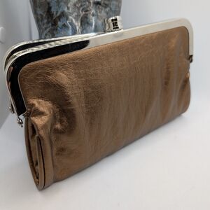 Copper Vegan Leather Double Kisslock Foldover Clutch